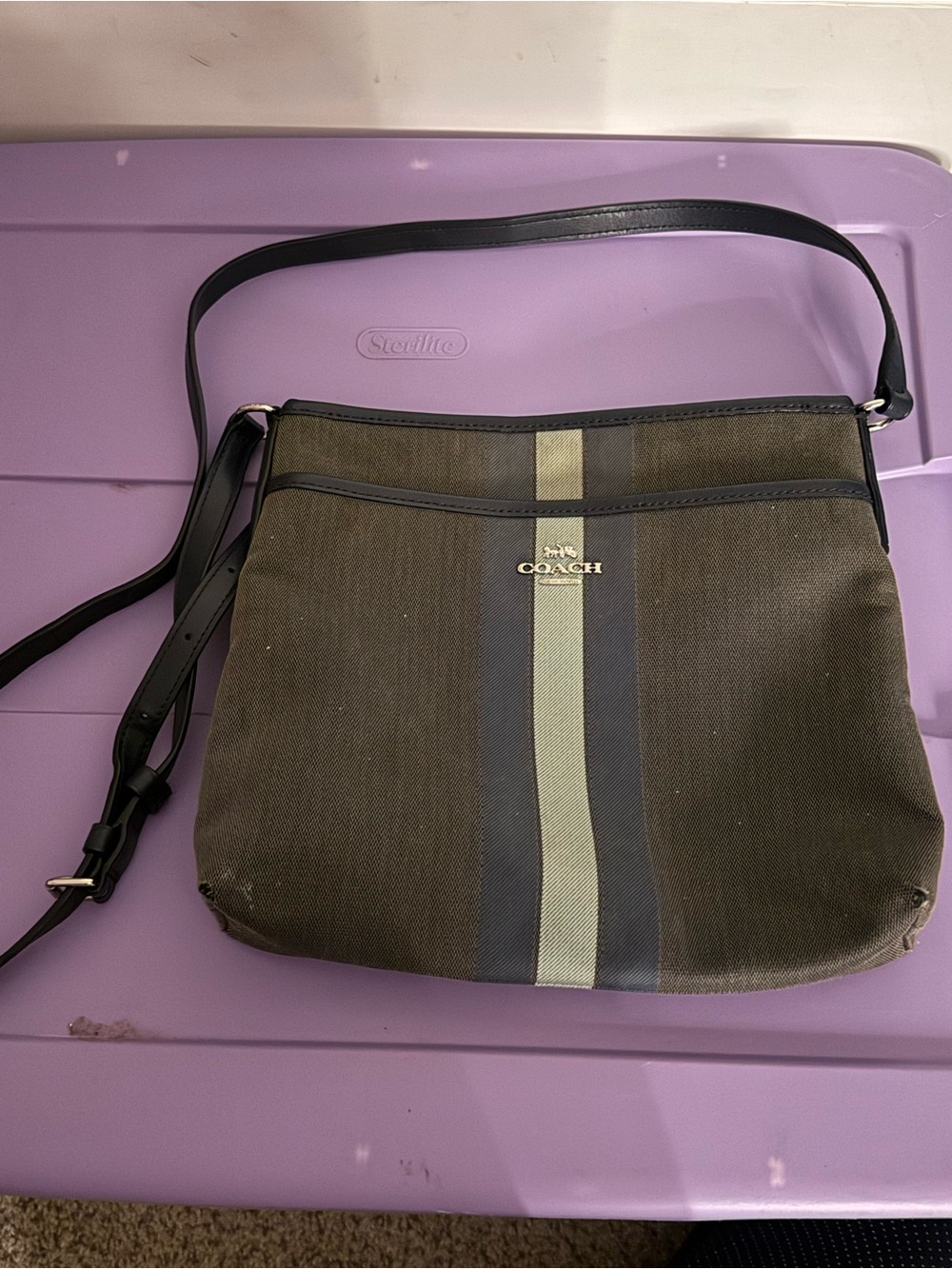 Coach Men's Crossbody Messenger Bag in Olive with Navy and Light Green Stripe